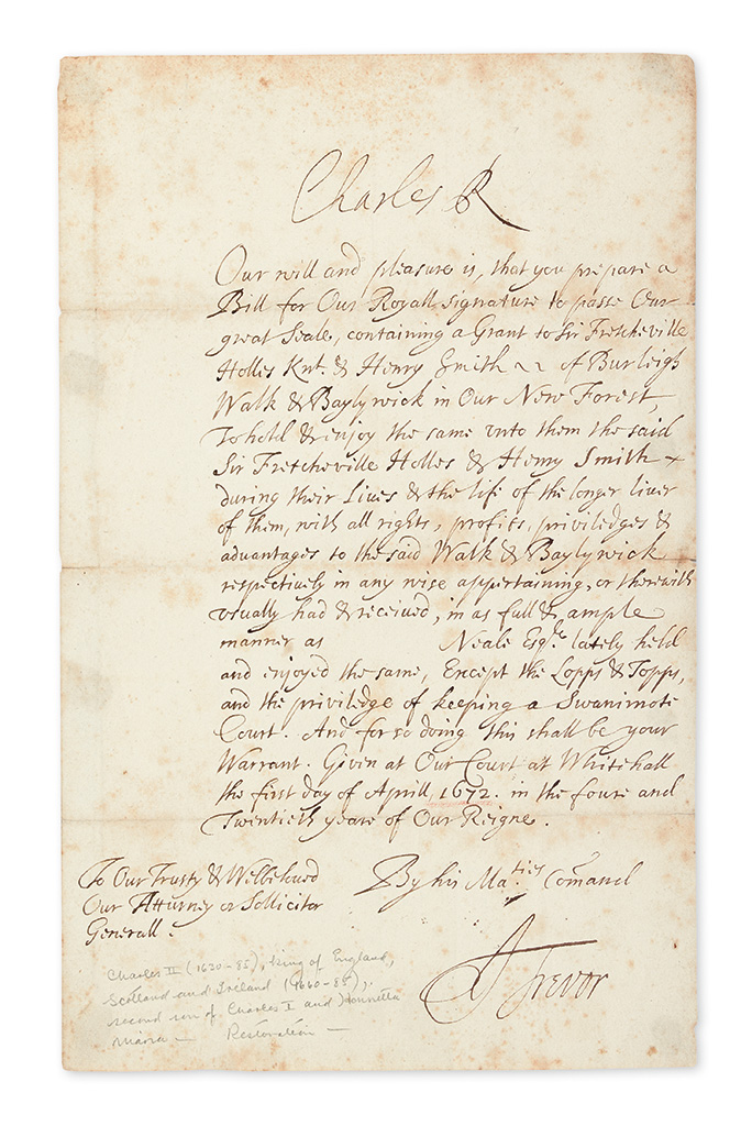 CHARLES II; KING OF ENGLAND. Letter Signed, “Charles R,” to the Attorney General or Solicitor General, ordering that a bill be prepared